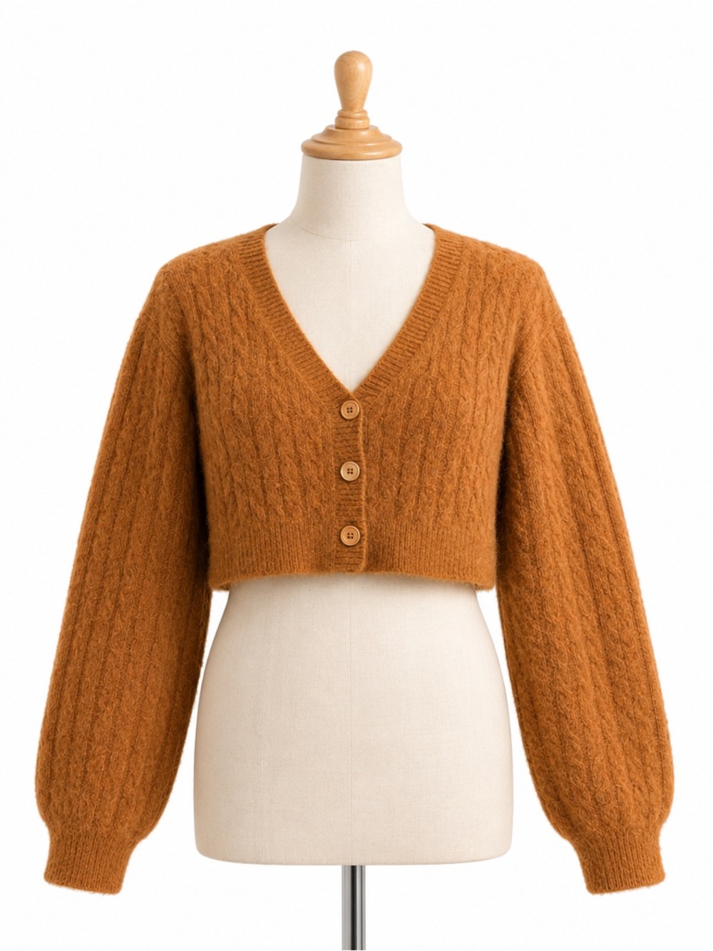 Cropped Cable Knit Cardigan Small Brown/Orange Button Cozy Chic Fuzzy Blue Blush